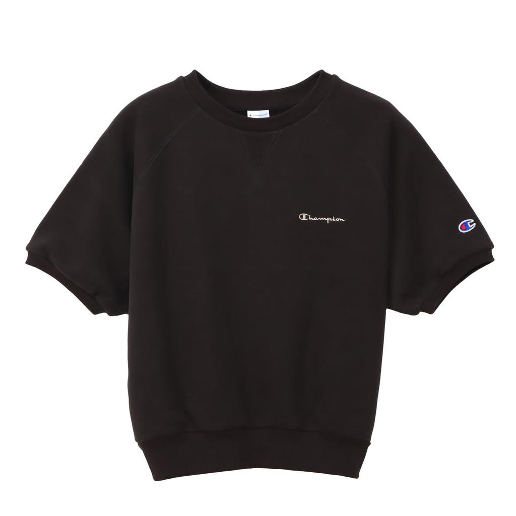 Champion Basic Cotton USA Short Sleeve Sweatshirt In Off Featuring a Crew Fleece and a Logo Women's (CW-B005) Black, Neck, Lining, One-point