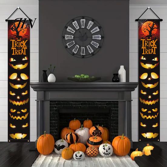Durable Fabric Banner Halloween Porch Sign Banner, Pumpkin Ghost Party Awning Hanging Wall Decorative Holiday Door Decoration, Front Wreath