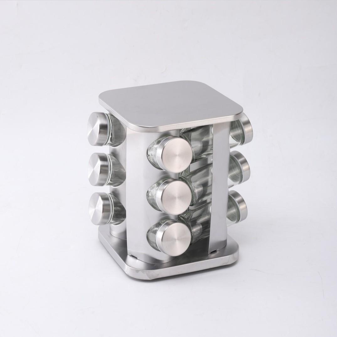 

New Square Stainless Steel Rotating Spice Rack – 360° Turntable Jar Organizer for Kitchen. Natural Color
