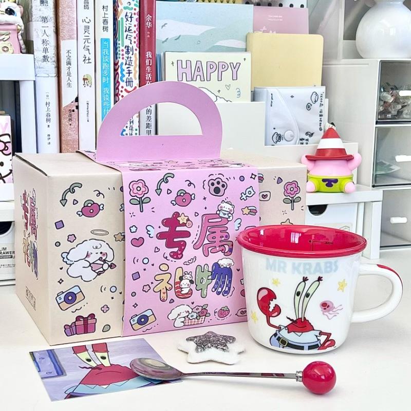 Taza de cerámica de Bob Esponja para niños con vaso medidor de agua, taza para café con leche para oficina, regalo de cumpleaños