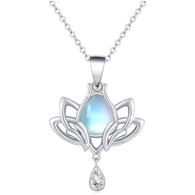 Exquisite Lotus Pendant Necklace for Women Delicate Imitation Moonstone Accessories Graceful Jewelry for Anniversary