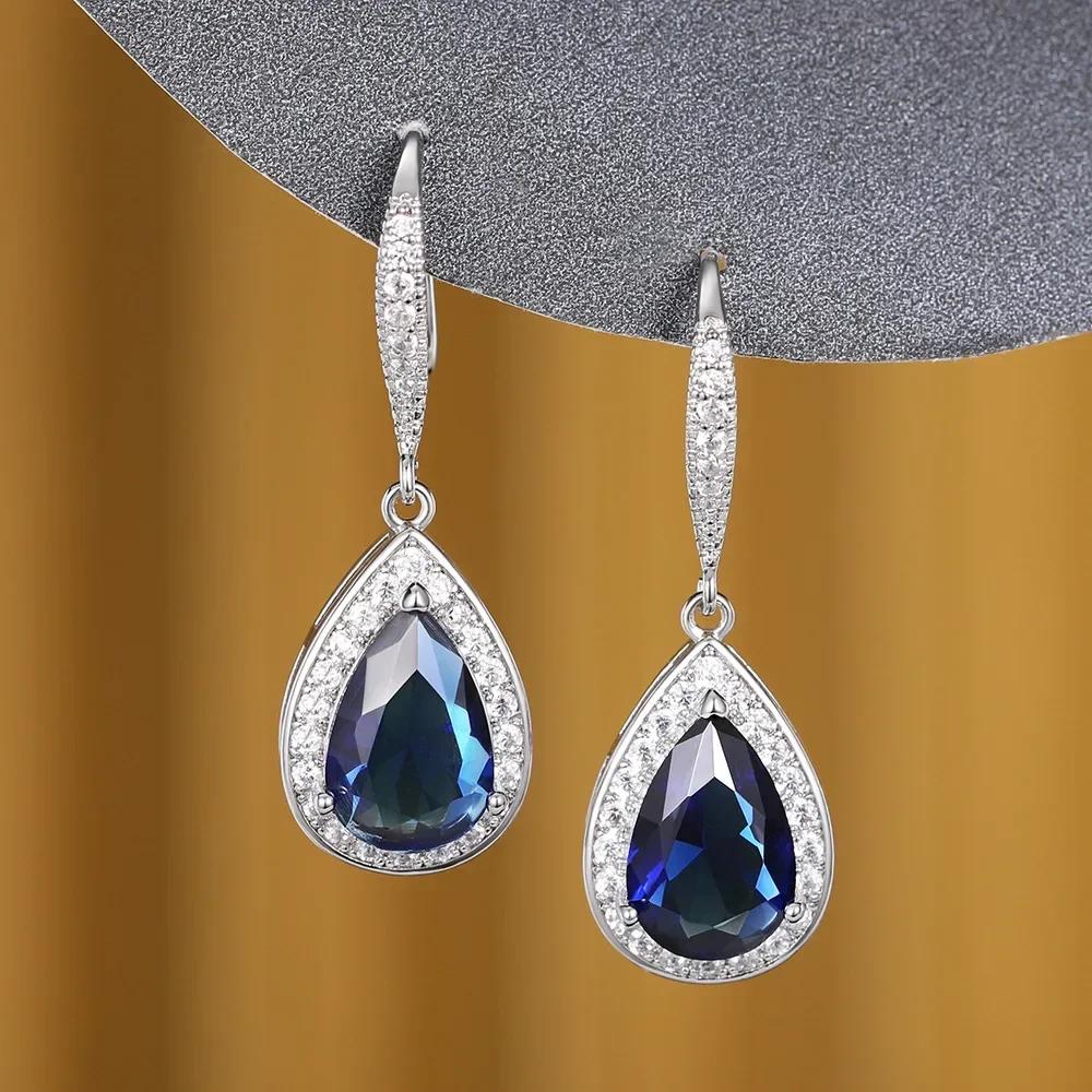 Royal Blue Zircon Oval Earrings Fashionable High-End Design Accessories for Banquets Personalized Simple Zircon