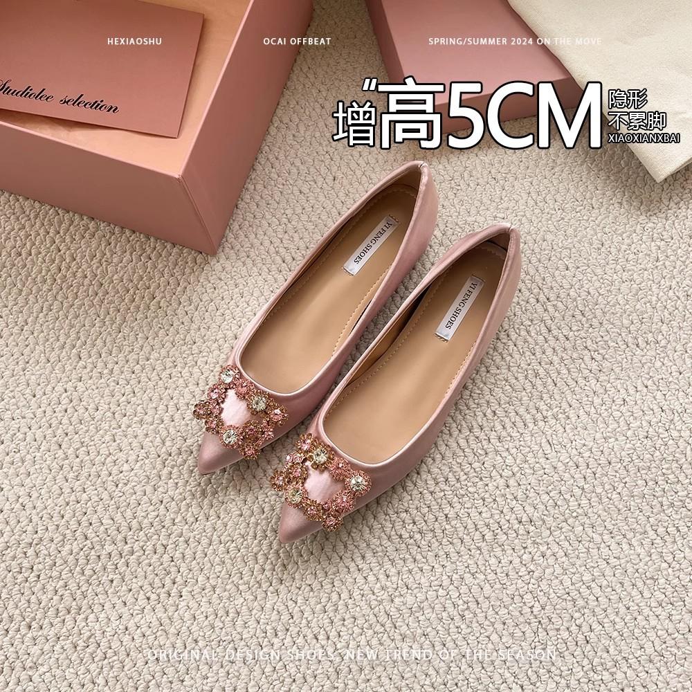 Sheepskin Version~ Invisible Inner Height Increase 5CM Flat-soled Single Shoes Women's 2025 Spring Temperament Pointed Rhinestone Square Buckle M