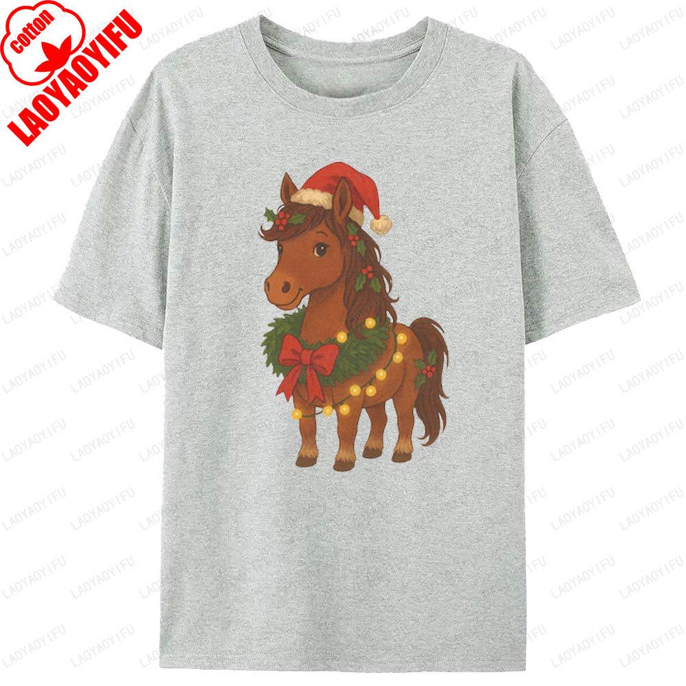 Lovely Christmas Horse Pattern Printed TShirt Christmas Hat Cotton Tshirt Unisex Unisex Classic Cute Horse Graphic T Shirts Tops