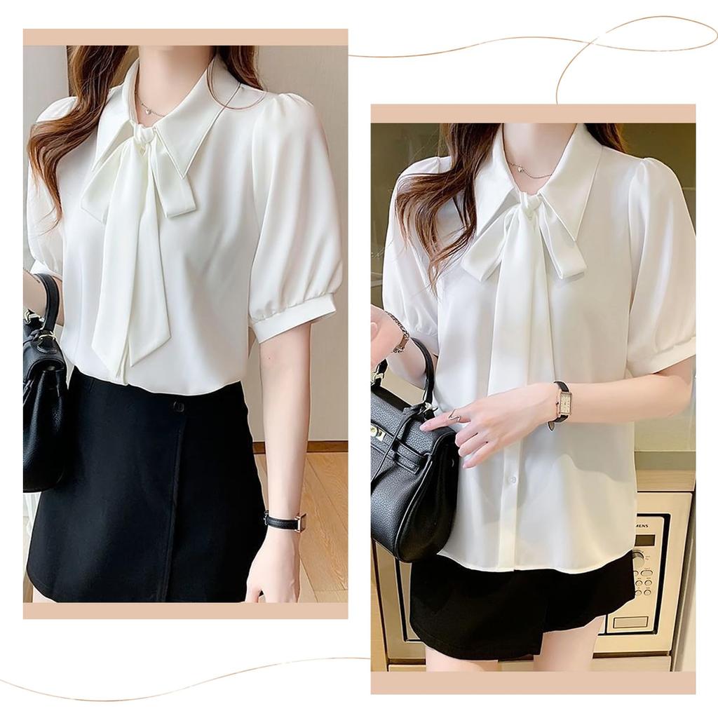 Short Sleeve Everyday Puff Loose XL [PAFHL] Women's Blouse, Shirt, Chiffon, Ribbon, Bowtie, Commuting, Office, Formal, Casual, Top, Thin, Wear,