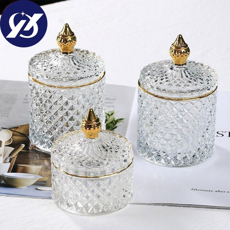 European Retro Glass Jar with Lid Transparent Gold Jewelry Cotton Swab Storage Box Tea Candy Tank Sugar Bowl Makeup Brush Holder