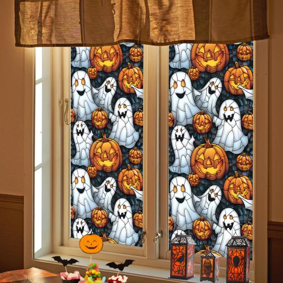 Halloween Window Sticker Stained Glass Style Witch Bats Decal Removable Pumpkins Ghosts Static Window Cling for Party Decoration