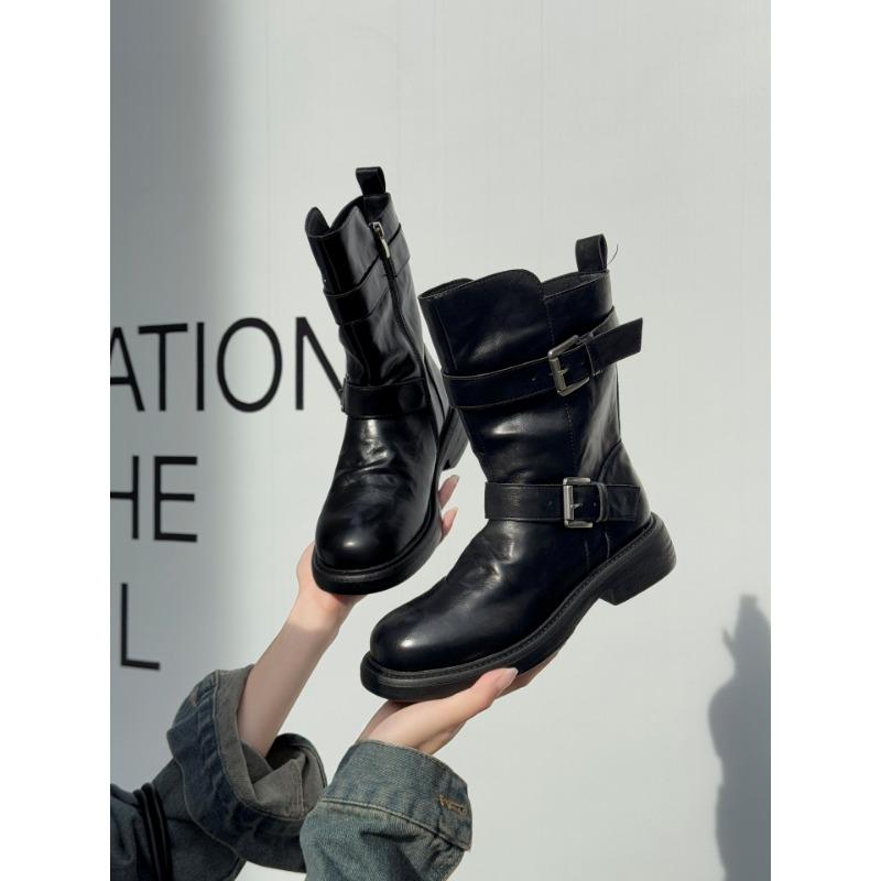 Cowhide Maillard Boots Vintage Leather Medium Boots Women's Belt Buckle Short Boots Thick-soled Martin Boots Skinny Boots
