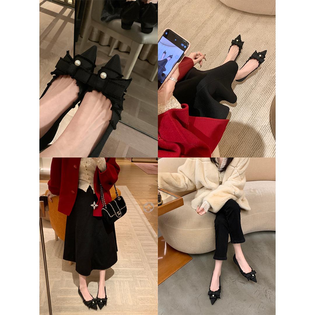 

Sheepskin version~ Pampered daughter gold pointed pearl butterfly butterfly shallow mouth flat sole shoes women s high heels wedding shoes 40