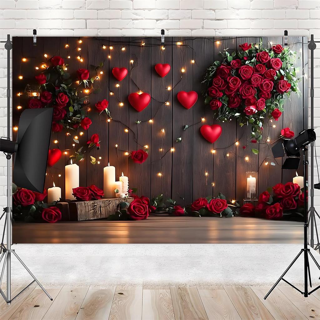 Red Roses Hearts Candles Fairy Lights Wood Wall Tapestry Wall Hanging For Valentine Day Wedding Decor Romantic Floral Art Print