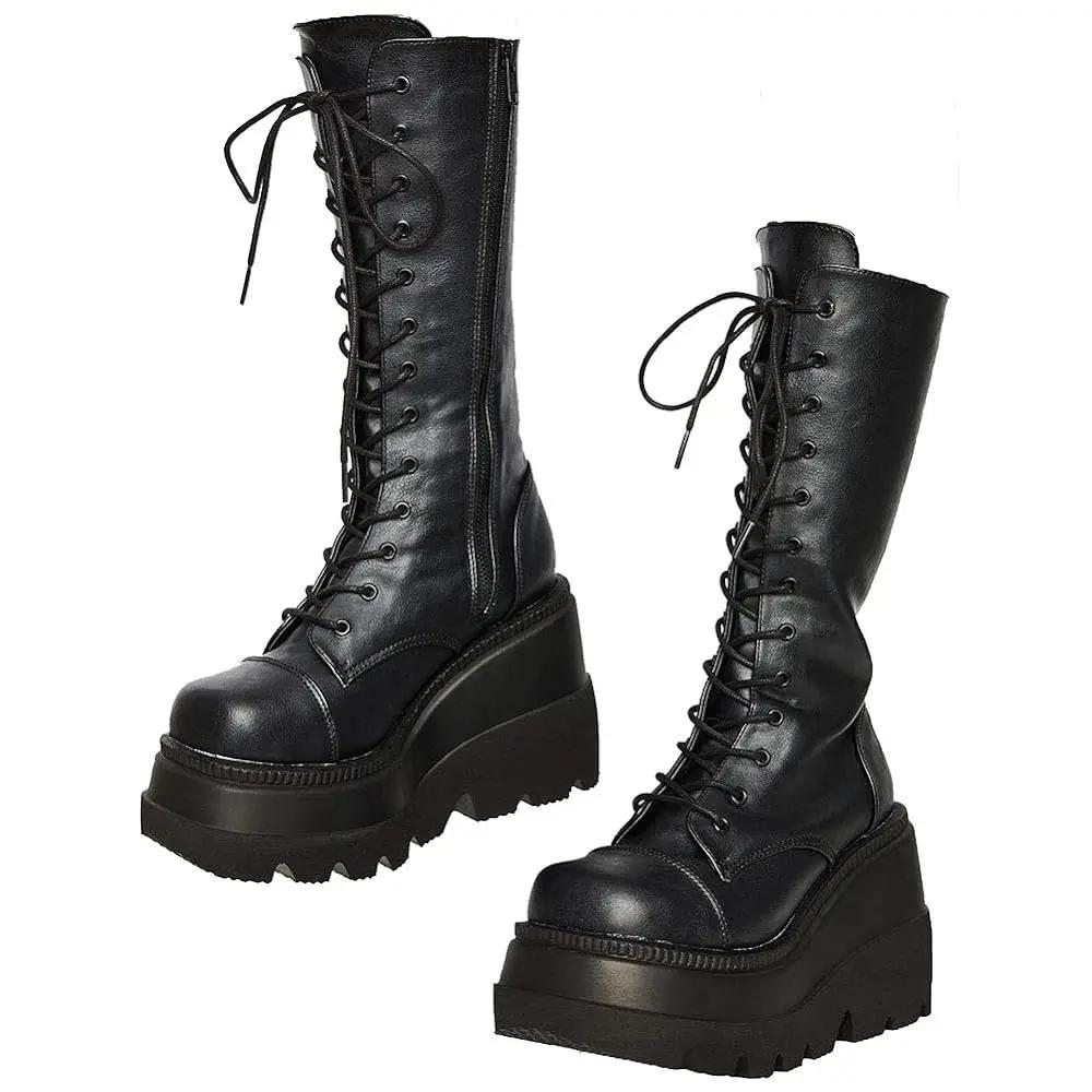 

Women Black Gothic Fashion shoes Round Toe Side Zipper Lace Up Women s Mid Calf Boots Christmas Street Party footwear 43 чорний