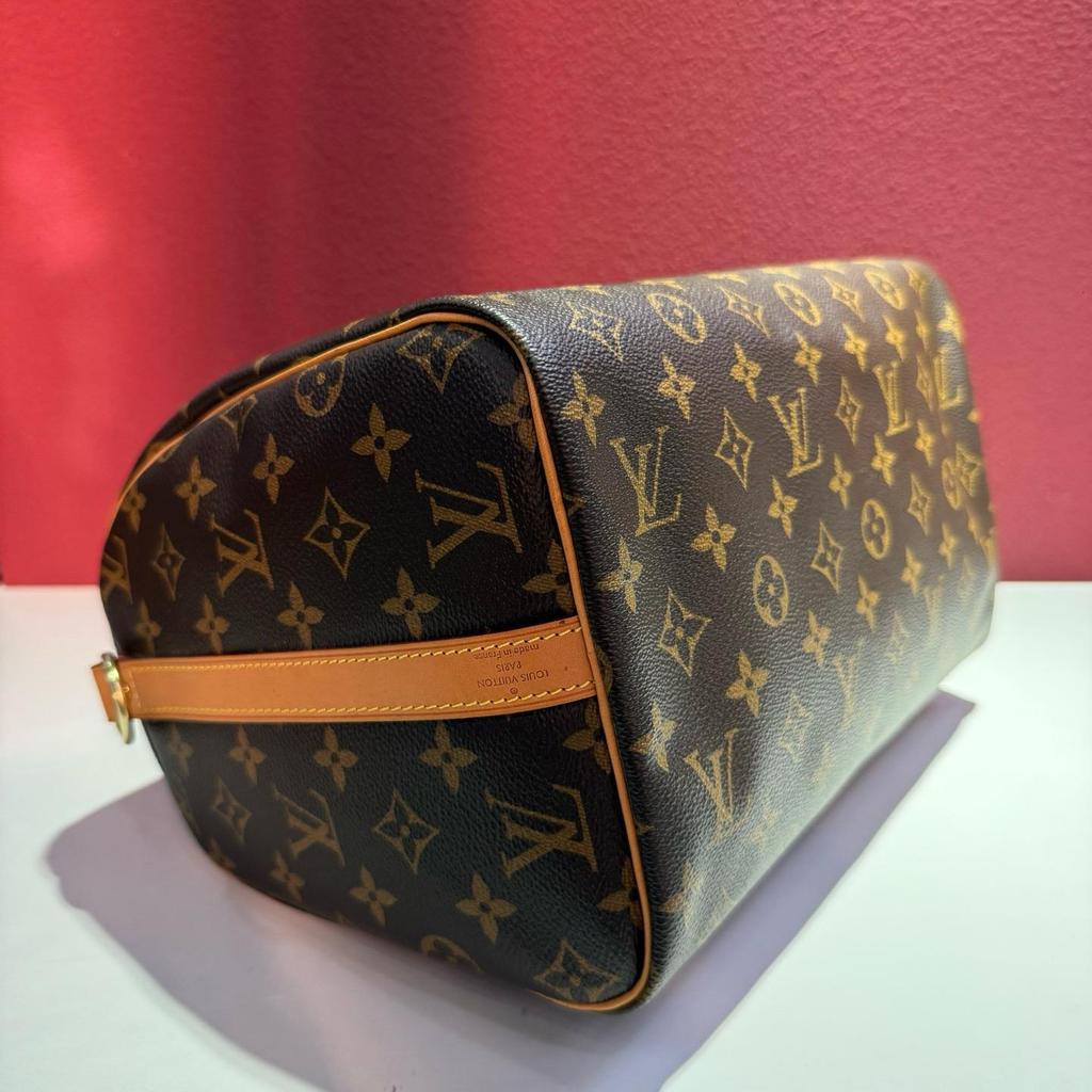 [Pre-Owned] Speedy 30 Iconic Design Rolled Handle Engraved Lock Detachable Adjustable Shoulder Strap Coated Canvas Smooth Leather - Very Good #1DZ6GFI