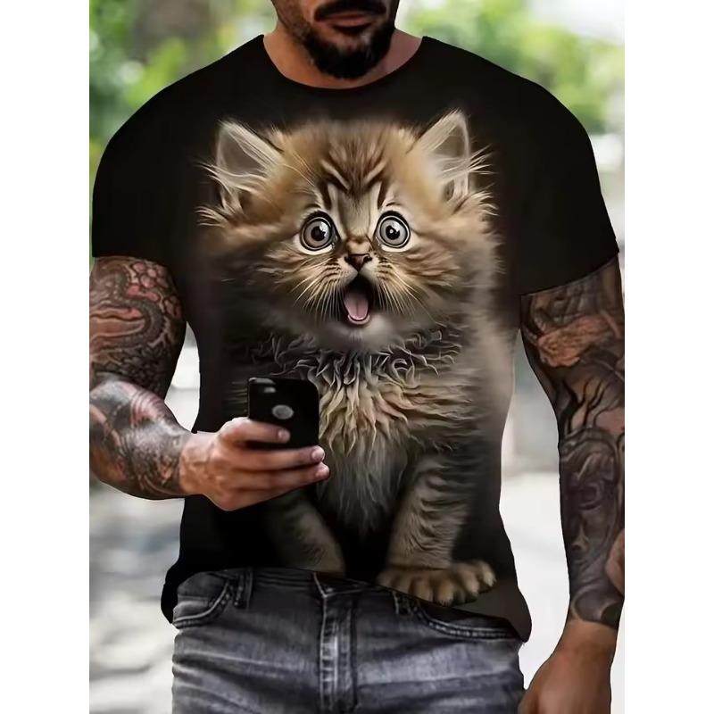 Summer Men's Funny Cute Cat 3d Printed Short Sleeve T-Shirt Loose Street Wear T-Shirt Casual Simple Suitable Children