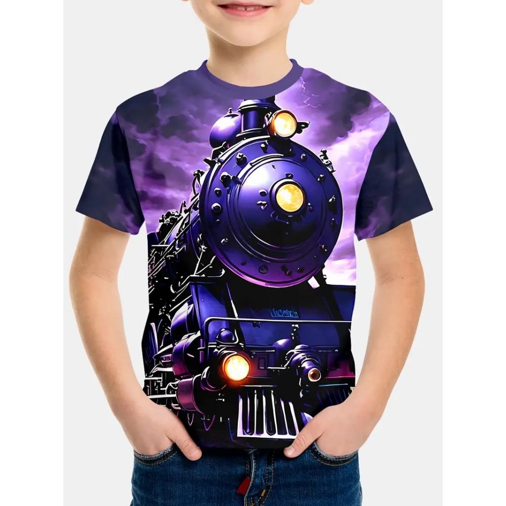 Boys' T-shirt, summer fun children's clothing, steam train pattern T-shirt, 3D printed outdoor short sleeved children's clothing