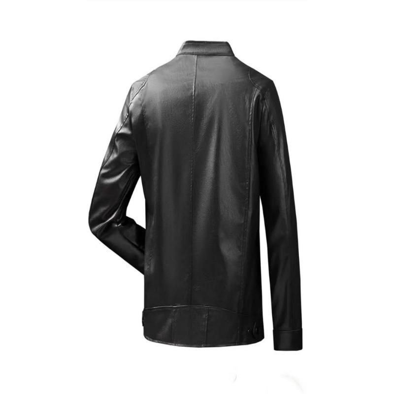 Mens Pu Leather Stand Collar Motorcycle Jacket Slim Fit Casual Outerwear