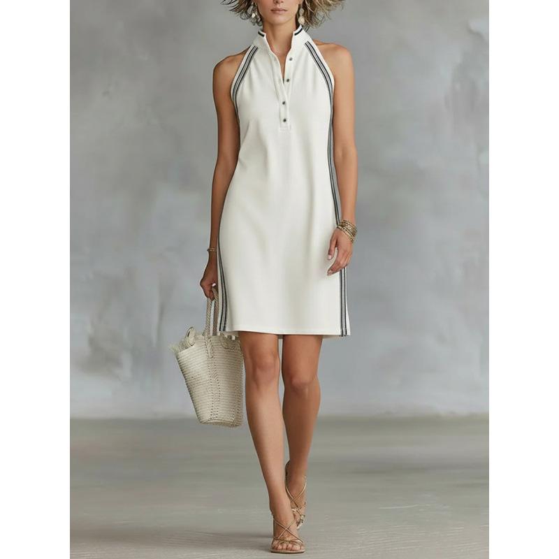 

New European and American, solid color sleeveless button-up collar simple casual short dress S белый