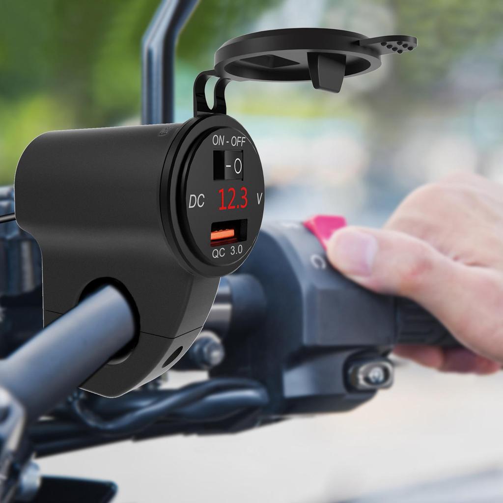 12V Motorcycle Handlebar 2.4A USB Adapter Charger with Digital Voltmeter Fits for 22mm-26mm Handlebars