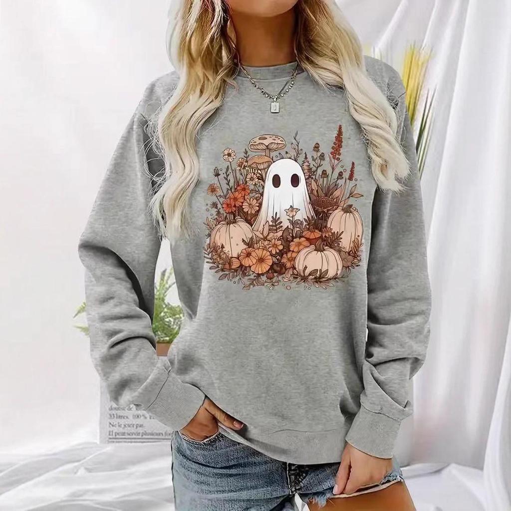 2025 Autumn/Winter Halloween Ghost & Pumpkin Hoodie, Versatile Long Sleeve, Round Neck