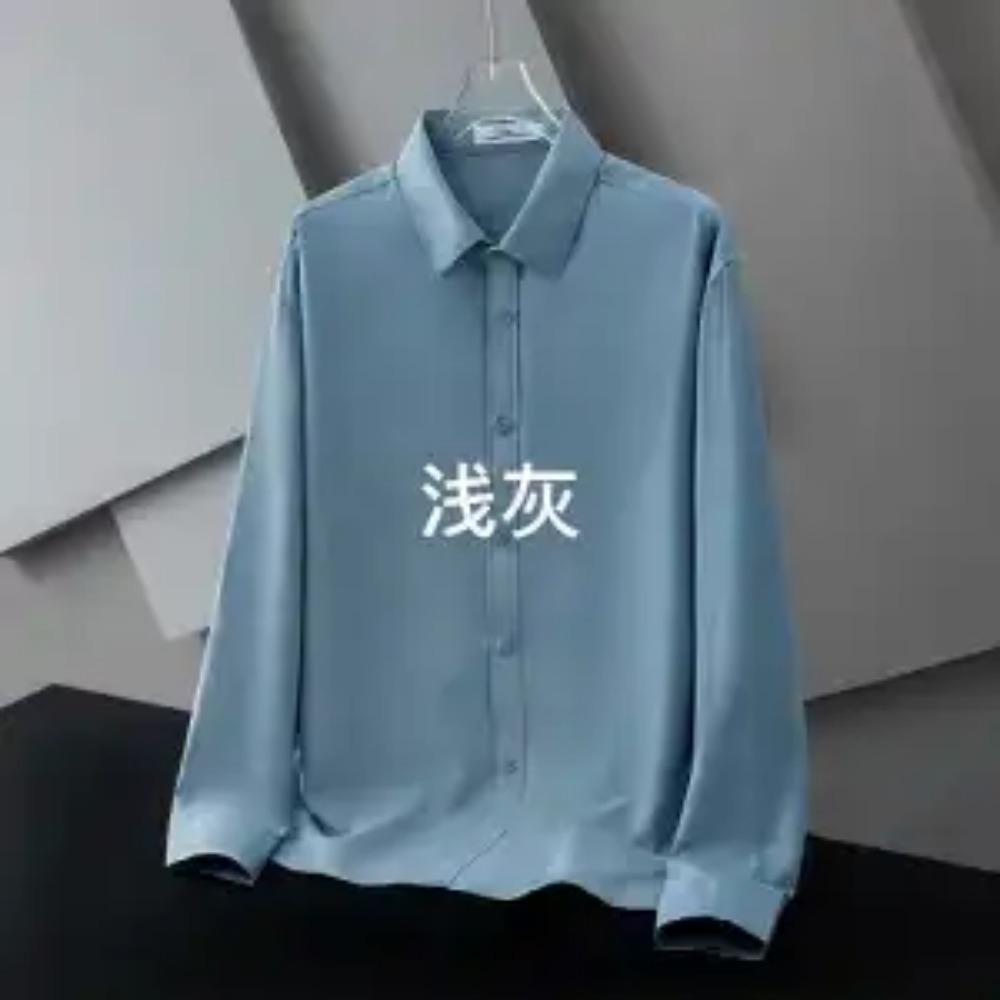 Spring and Autumn Business and Leisure Minimalist Flip Collar Silk Smooth Non Ironing Breathable Elastic Shirt for Men