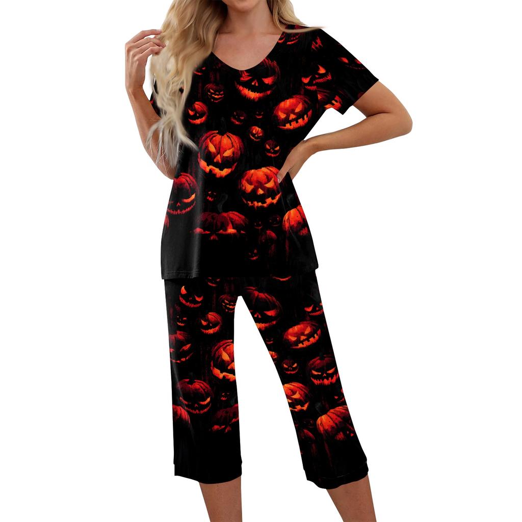 Women's Two Piece Set Short Sleeve Top and Capri Pants Casual Lounge Wear Halloween Floral Print Spider Web Pattern Soft Fabric