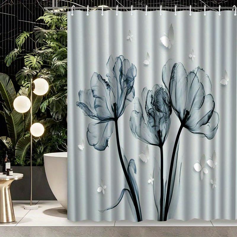 1Pc Elegant Blue Flower Shower Curtain With Hooks - Artistic Floral Design For Bathroom Decoration, Suitable For Home And Hotel