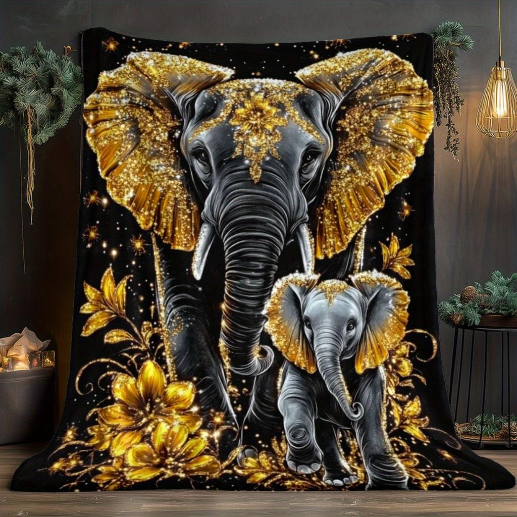 1pc Elephant with Intricate Patterns Flannel Throw Blanket - Lightweight Soft Warm All-Season Digital Print for Sofa, Camping, B