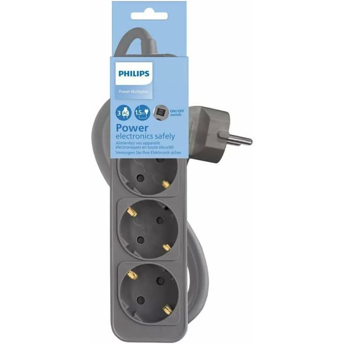 Power Strip with Switch - Philips - 3 Sockets - CHP2134G/12 - 17.66 Cm Height - 19.1 Cm Width - 28.02 Cm Length