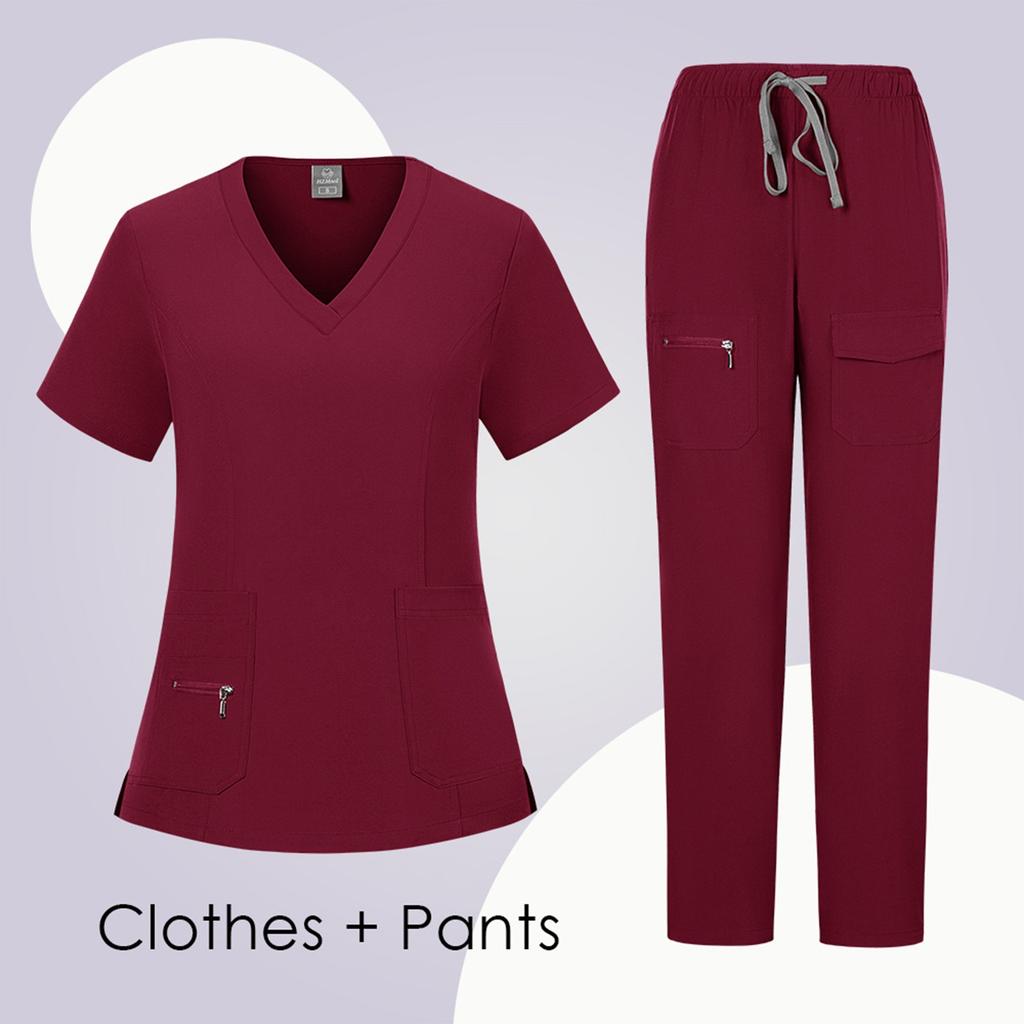 Women's Short Sleeved Solid Color V-Neck Pocket Top Pants Work Clothes Two Piece Set
