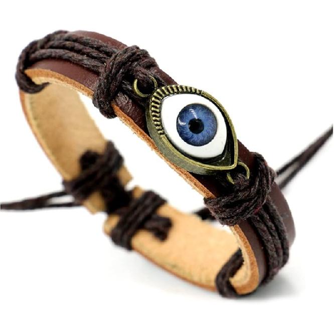 Caiyao Punk Ethnic Layered Leather Evil Eye Bead Cuff Bracelet Adjustable Braided Woven Hamsa Hand Wrap Elephant Owl Animal Wristband for Women Men