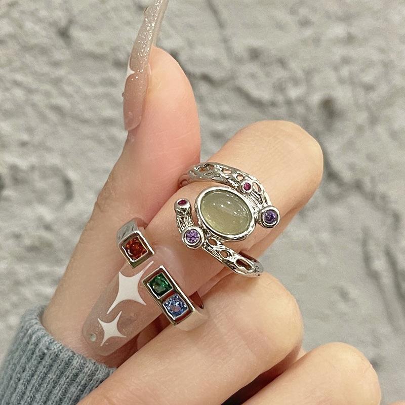 Metal Colored Zircon Ring For Women, Niche Design Sense, Advanced Sense, Gemstone Index Finger Ring, Opening Adjustable Ring For Women