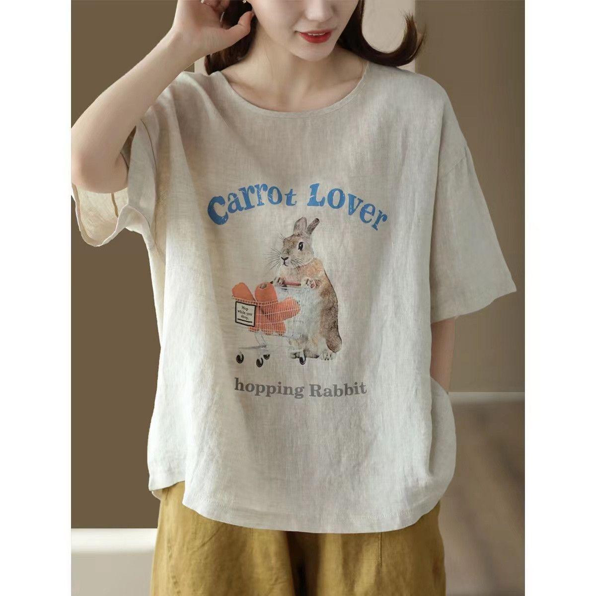 

Летняя хлопковая льняная футболка больших размеров с художественным принтом и круглым вырезом, короткими рукавами, для женщин L льняной