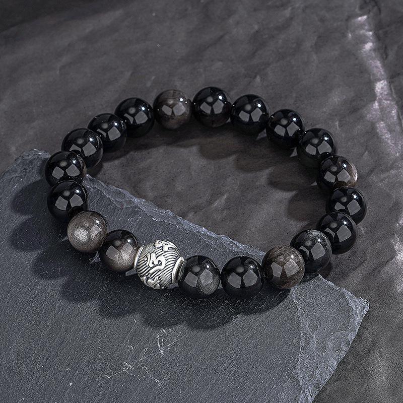 Teqiya Black Obsidian and Pure Silver Men's Beaded Bracelet - Six-Character Mantra Retro Design.
