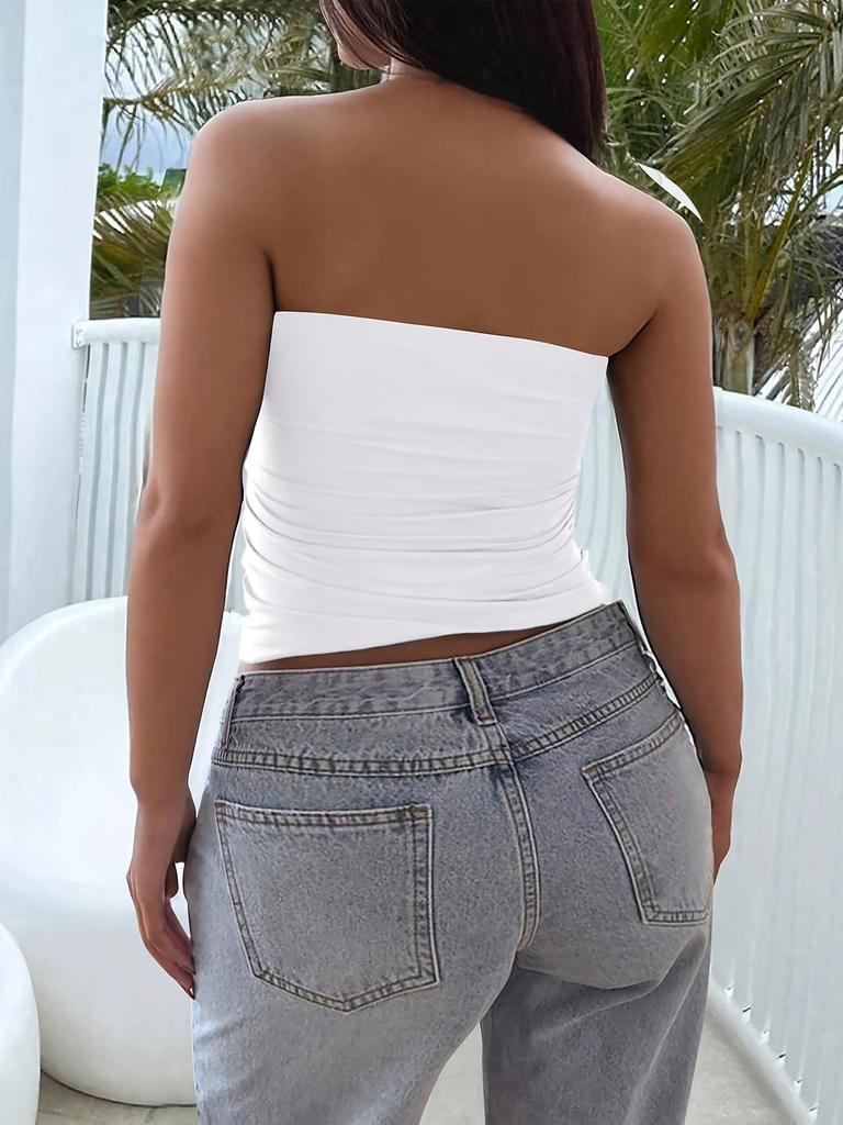 Plus Size Strapless Slim-Fit Tank Top - Solid Color