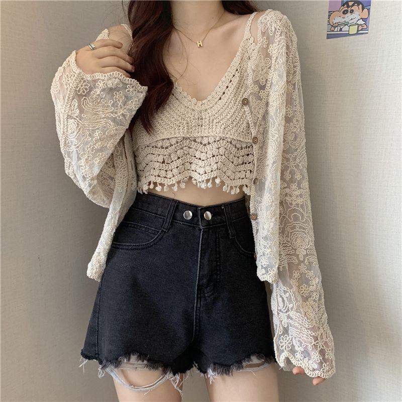 

Весенне-летний женский костюм, жилет на подтяжках + v-образный вырез, вязанный крючком, ажурный кружевной кардиган с длинными рукавами, солнцезащитная одежда, костюм из двух предметов L абрикосовый