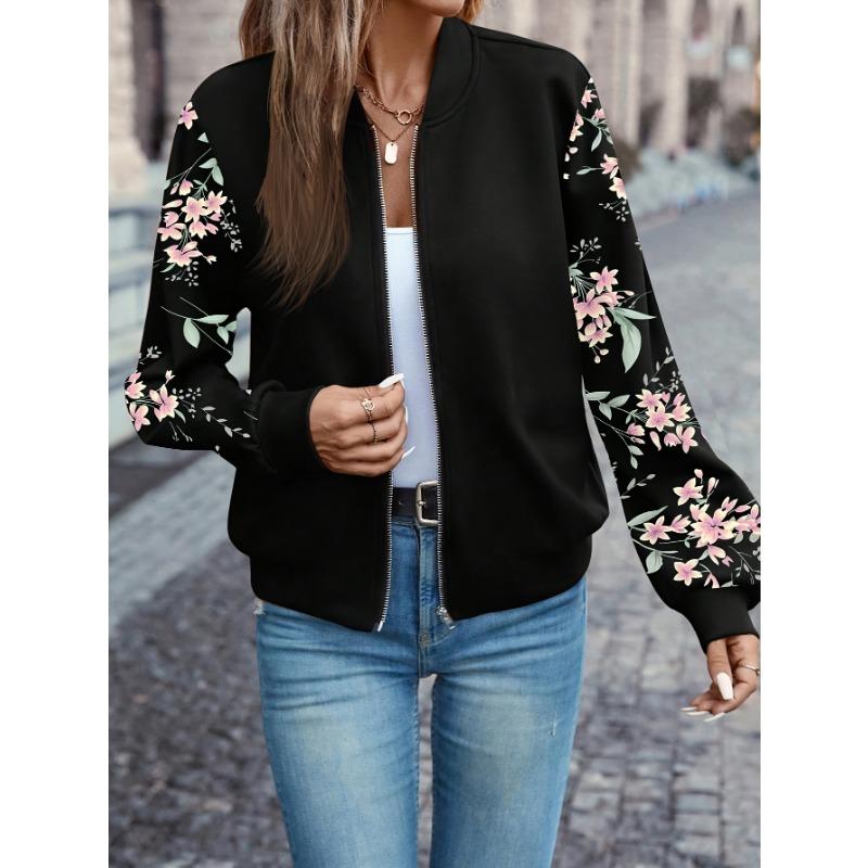 Jacke mit Blumenmuster und Reißverschluss, Elegante Langarmjacke mit Baseballkragen für Frühling und Herbst, Damenbekleidung