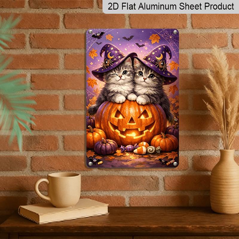 2D Flat, 1pc Cute Witch Kitten Pumpkin Aluminum Sign, Halloween Wall Decor, Mystery Wall Art for Halloween Themed Space - Perfect for Spooky