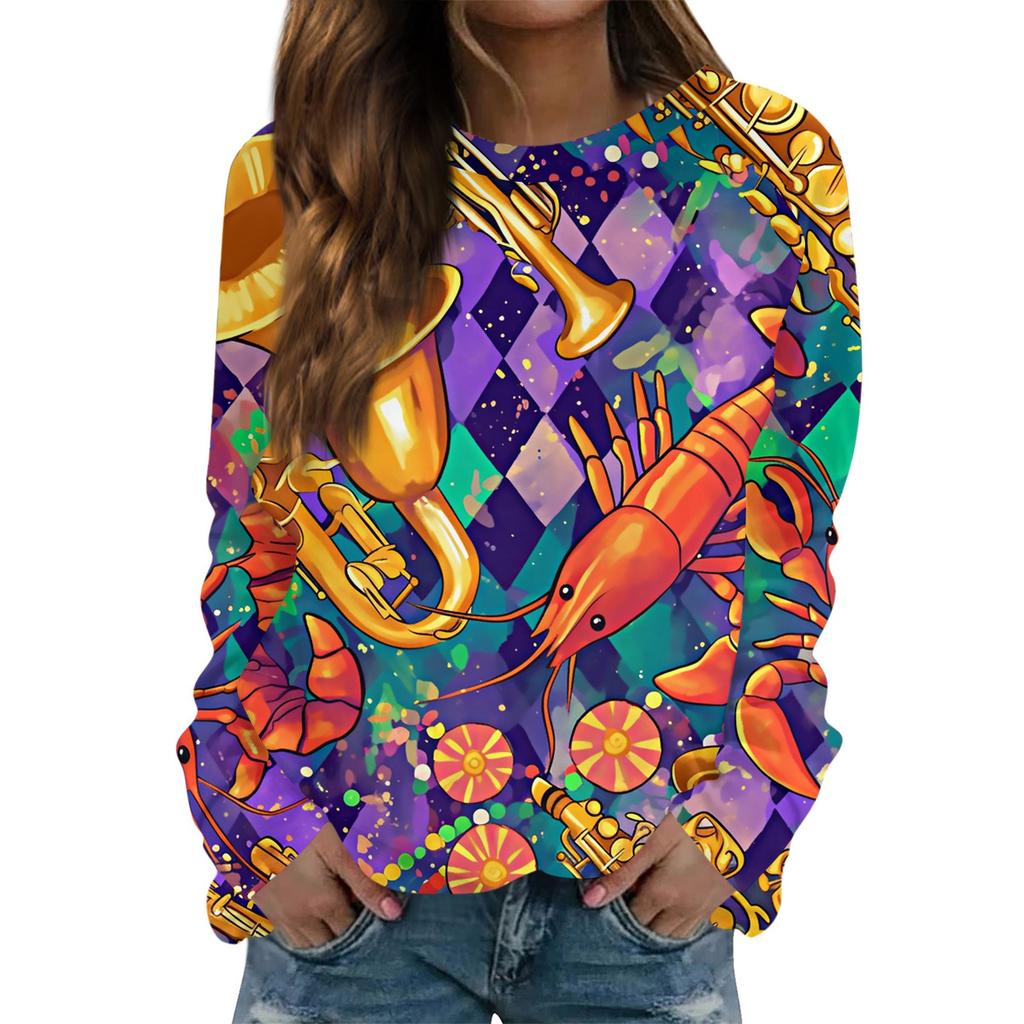 Rundhals Langarm Sweatshirts für Damen Druck Grafik Top Lässig Basic Oberteile Pullover