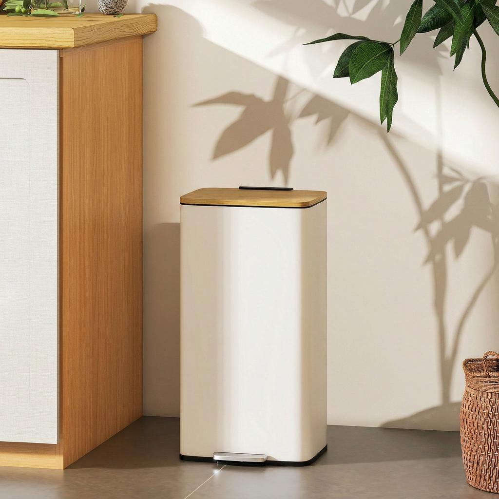 Kitchen Bin, 20 L, Foot-Operated, Bamboo Lid, Removable Inner Bucket, White