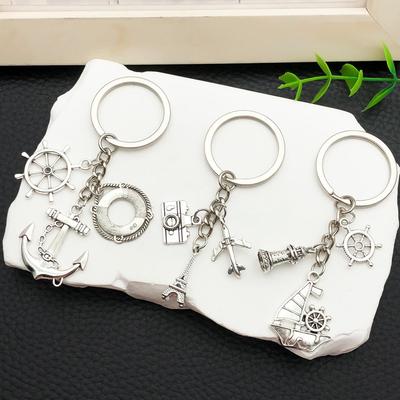 Ancient Silver Nautical Keychain: Lifebuoy, Ship Wheel & Lighthouse Pendant - Columbus Day Gift