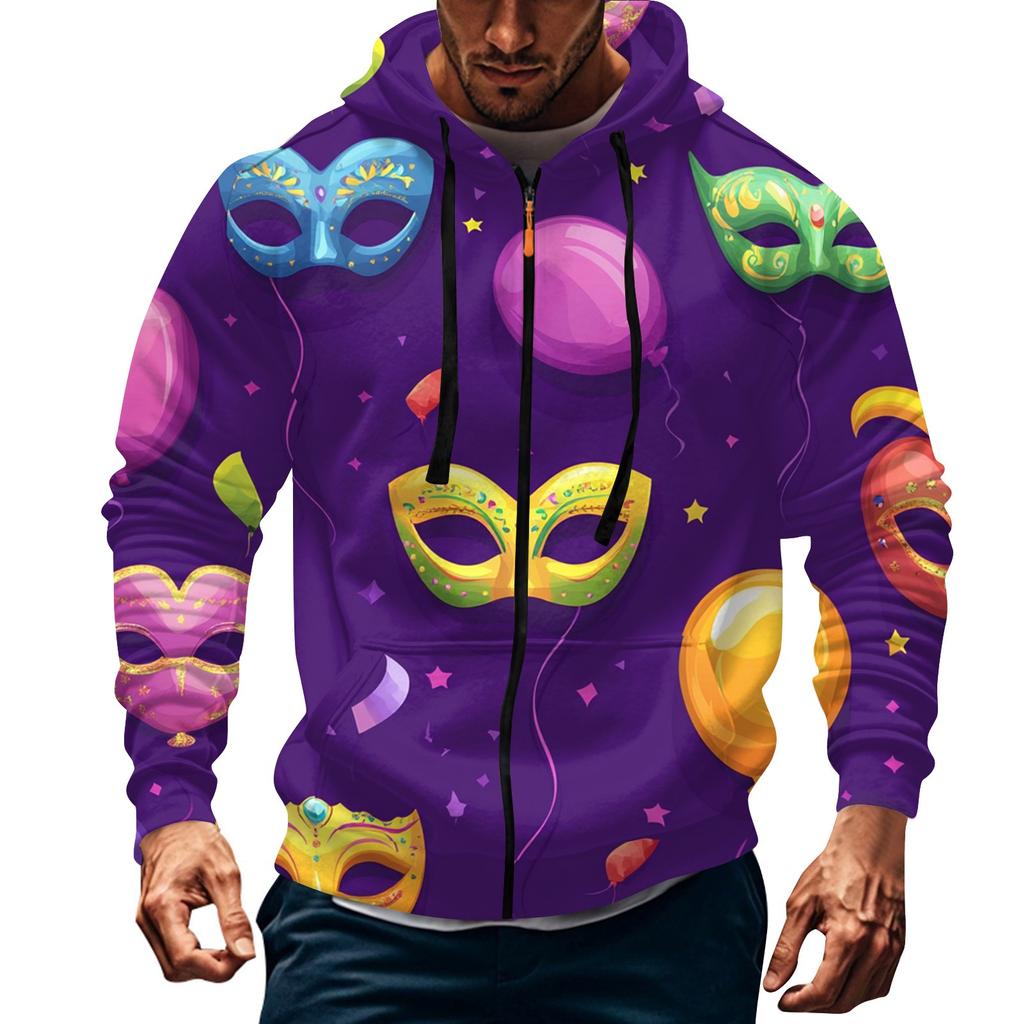 Men's Sports Casual Fleece Hoodie Carnival Print Hoodie Cardigan Zipper Multi-pocket Hoodie Coat