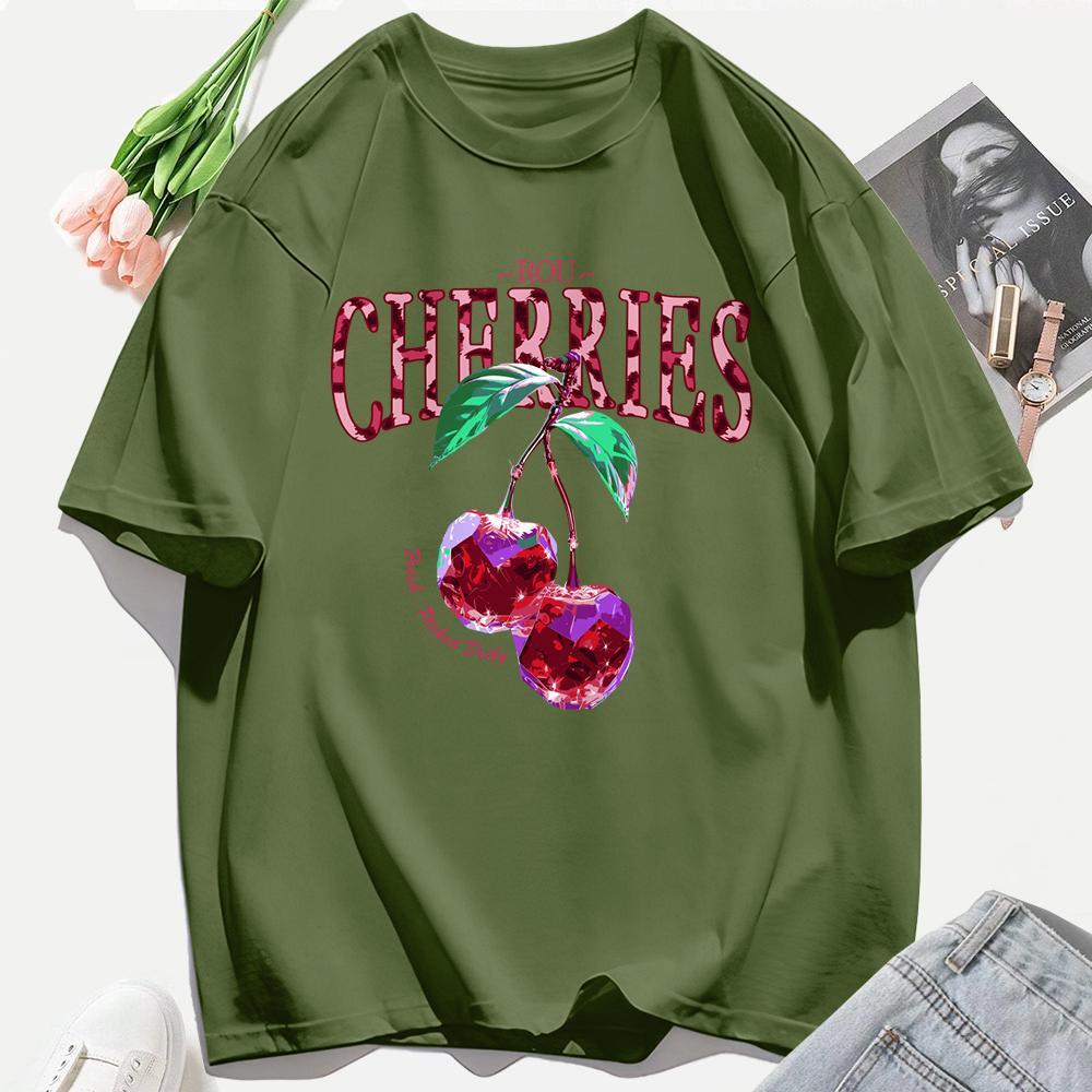Crystal Cherries Printing Tee Shirt Woman Summer Cotton Tee Tops O-Neck Casual T Shirts Oversized All-Match Short Sleeve