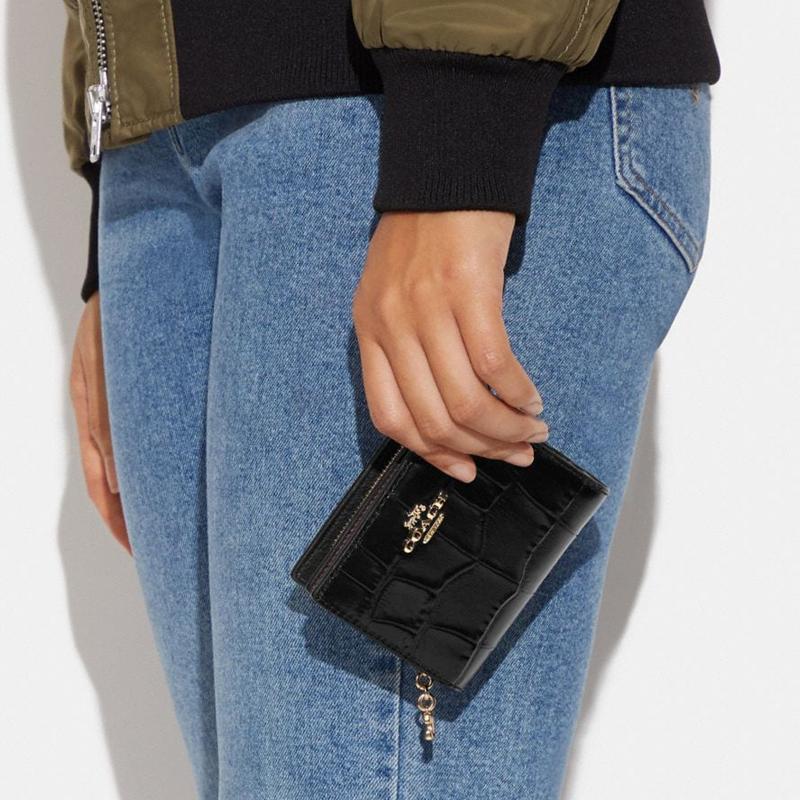 New COACH Snap Wallet Crocodile Embossed Leather With Smooth Leather Card Holder, Wallet Women's Black C6092-IMBLK