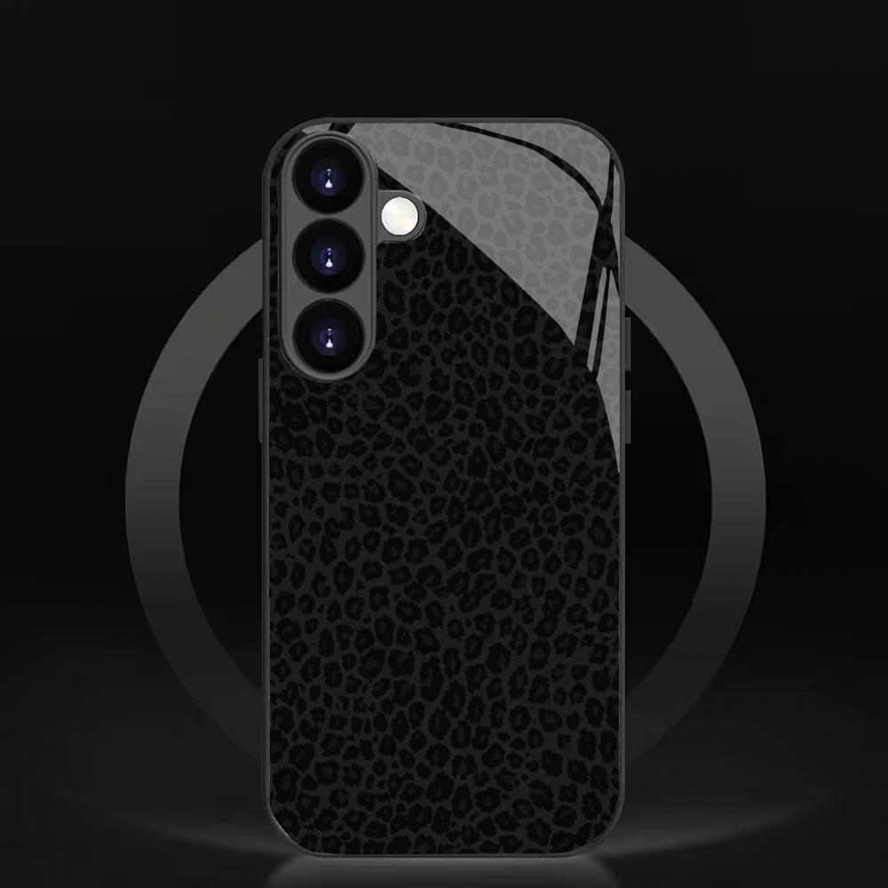 Black leopard print tempered glass phone case suitable for Samsung Galaxy S26 S25 S24 S23 S22 S21 S20 FE/Ultra/Plus anti drop
