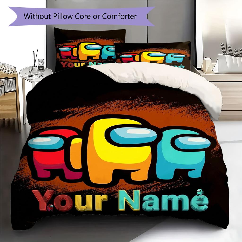 Among Us Custom Name Pattern Bedding,Quilt Set Quilt Cover Pillowcase Home Birthday Gift(1 * Duvet Cover + 2 * Pillowcase, Without Core)