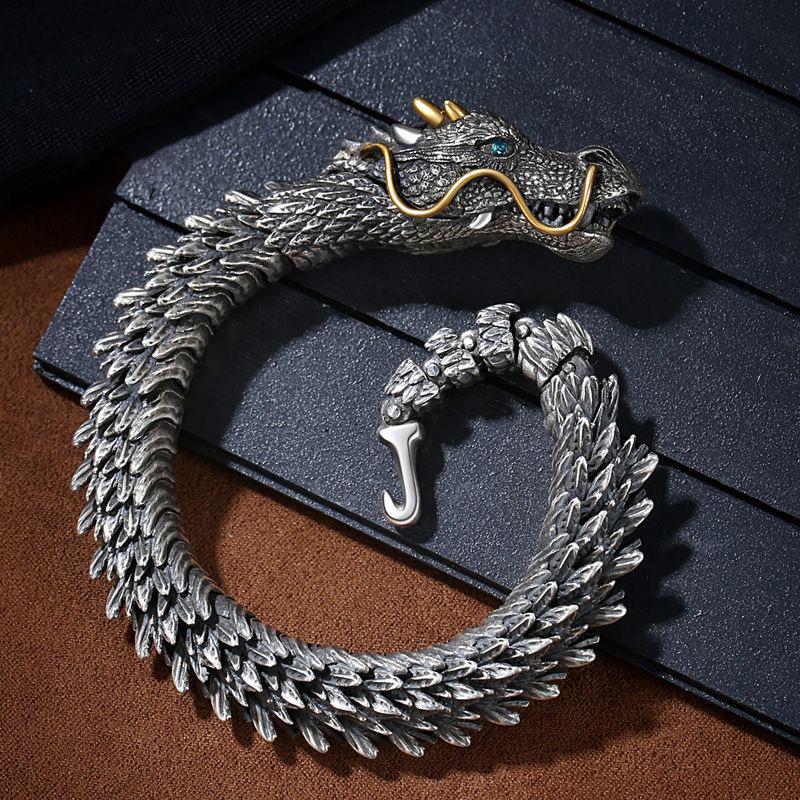 Collector's Grade Handmade Retro Thai Silver Dragon Head Bracelet - High-End Ethnic Fashion Jewelry