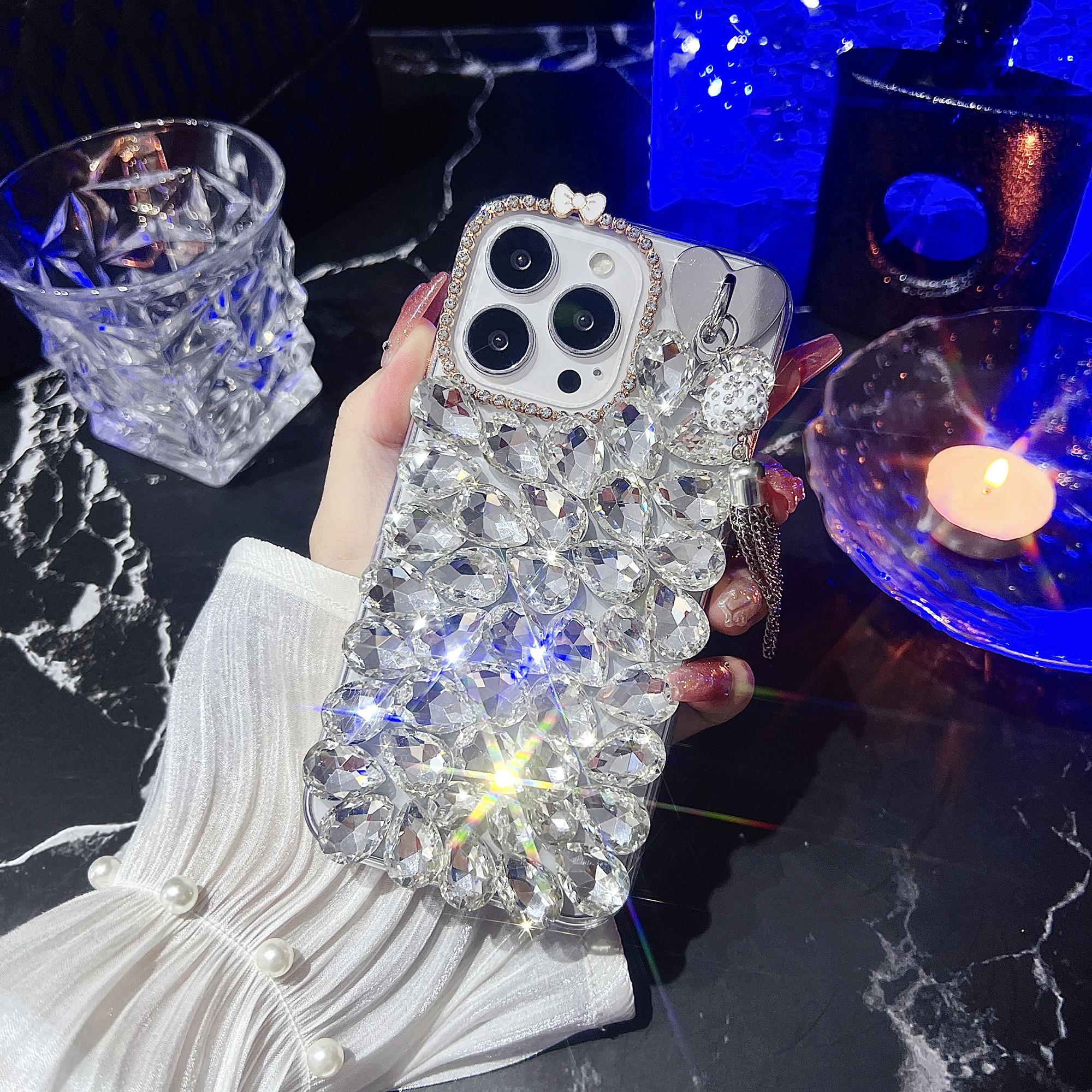 

For iPhone 16 Pro Case with Tassel Glass Rhinestone Decor TPU Phone Back Cover Pink