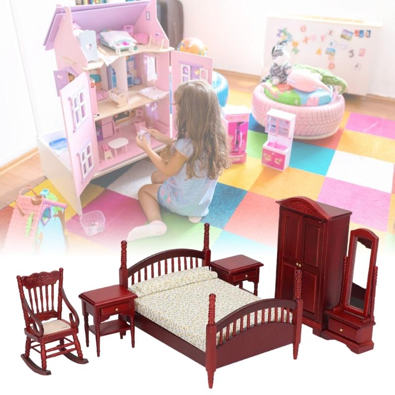 1/12 Scale Dollhouses Bedroom Set 6Pcs Realistic Wood Furniture Retro Bedside Table DIY Miniature Decors