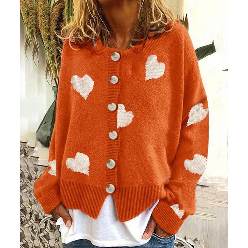 

Осень-зима V-образный вырез свободный вязаный свитер женский однобортный свитер с принтом сердца женские кардиганы элегантный винтажный трикотажный жакет больших размеров 24639 XXXL оранжевый