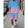 Men's Summer Short Sleeved Set, Blue Pink Gradient Printed Short Sleeved Set