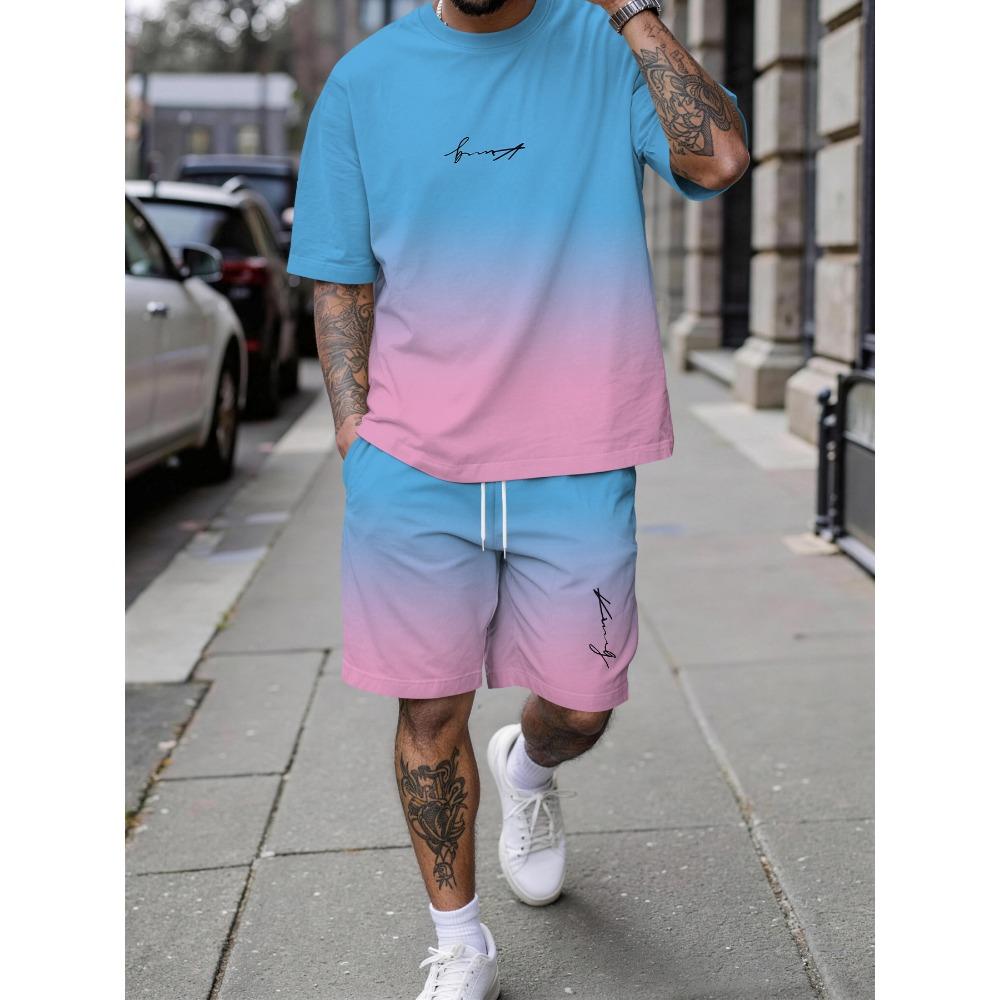 Men s summer short sleeved set, blue pink gradient printed short sleeved set 2XS